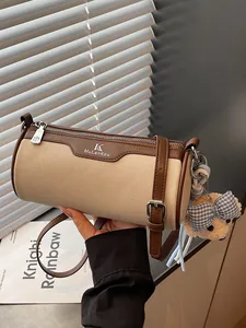 MuLanKou Women Fashion Cylinder Crossbody Bag PU Leather Contrast Color Shoulder Bag With Bear Charm Adjustable Strap Zip Handbag