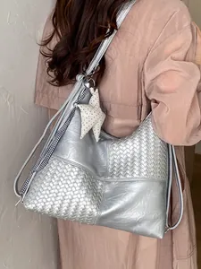 Bolso de Mujer de Moda en Cuir PU Tejido Patchwork Gran Capacidad Viaje Diario Viaje Mochila Tote Hombro Bandoulière Estrella Colgante Bolso