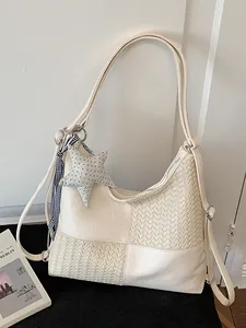 Bolso tote tejido de gran capacidad para mujer en blanco crema para viaje y oficina
