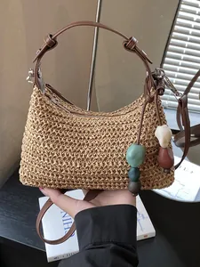 Borsa a Tracolla in Paglia Intrecciata Arcobaleno da Donna Boho Spiaggia Vacanza Hobo Bag Fatta a Mano Con Pendente di Perline