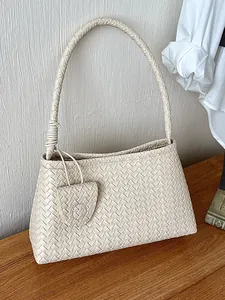 Elegant off-white woven underarm shoulder handbag for summer fashion and daily commuting