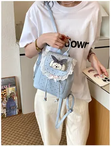 Detail showing the lace trim and cute dog patch on a sweet light blue mini backpack.