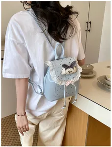 Detailed view of sweet light blue mini backpack with lace trim and puppy patch
