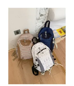 Detailed display of lightweight Japanese style backpacks in plaid and polka dot patterns