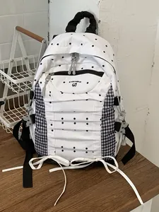 Minimalist white polka dot and plaid schoolbag with ribbon detail for girls and students