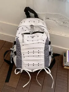 Lightweight white polka dot backpack with plaid side panels in Japanese Korean style