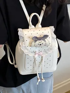 Women Sweet Mini PU Leather Backpack Lace Trim Bow Polka Dot Small School Bag With Cartoon Dog Pattern Niche Girly Daypack