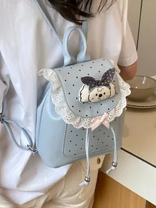Sweet light blue lace mini backpack for girls featuring elegant lace trim and cute dog patch