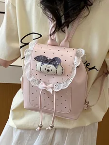 Pink sweet girl mini backpack featuring delicate lace trim and a cute cartoon puppy design.