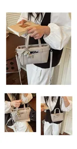 Beige commuter bucket bag with horse charm shown in various lifestyle and detail views