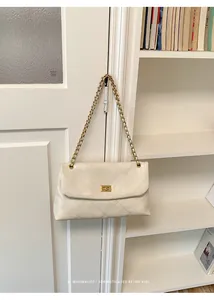 Detail view of a cream quilted chain bag with gold hardware against a white interior