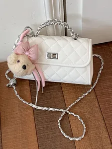 Women Quilted Crossbody Bag PU Leather Diamond Pattern Shoulder Bag Small Square Bag With Metal Chain Handle And Plush Bear Charm