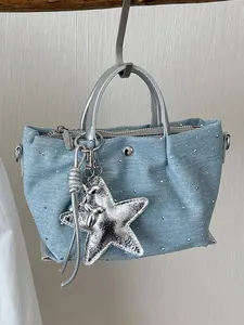 Women Denim Dumpling Bag Rhinestone Star Charm Crossbody Handbag Korean Style Casual Commuter Shoulder Bag Light Blue Denim