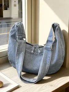 Large capacity light blue denim hobo shoulder bag for daily commute and university students