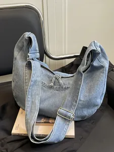 Stylish large capacity light blue denim hobo bag for women's casual daily commuting use