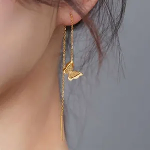 Style Coréen Acier Titane Givré Papillon Fil d'Oreille Longues Boucles d'Oreilles Pendantes Pour Femmes Bijoux Élégants Or Or Rose