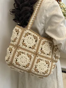 Handgehäkelte Tote Bag Für Damen Vintage Granny Square Blumenmuster Große Kapazität Sommer Strand Umhängetasche Baumwolle