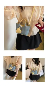 Stylish blue denim-textured and yellow colorblock bucket bag shown in three lifestyle views.