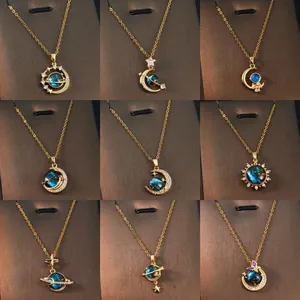 Dreamy Planet Series Necklace Zirconia Inlaid Copper Pendant Stainless Steel Chain Moon Star Astronaut Necklaces For Women Jewelry