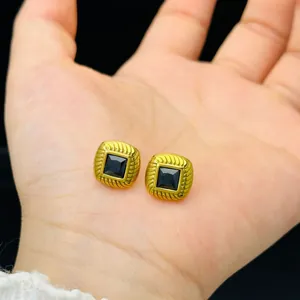 French retro 18k gold plated titanium steel earrings with square black glass stones