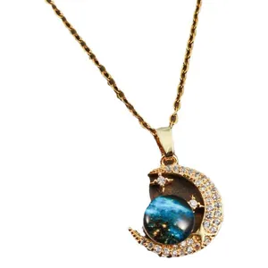 Dreamy galaxy planet necklace with zirconia crescent moon and stainless steel chain