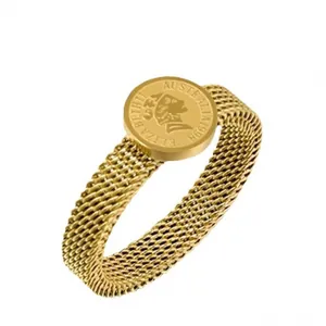 Elegant gold Queen Elizabeth II coin ring with a unique vintage mesh band design