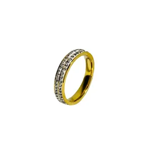 Detailed macro view of a gold-plated ring with double rows of sparkling crystals.