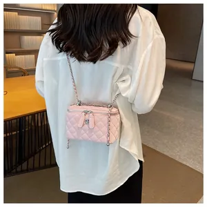 Detailed view of a stylish pink quilted chain vanity bag worn by a fashion model