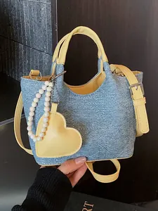 Women Denim PU Leather Bucket Bag Diamond Quilted Color Block Top Handle Crossbody Handbag With Artificial Pearl Heart Charm