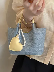 Stylish blue denim mini bucket handbag with yellow heart pearl charm for women fashion