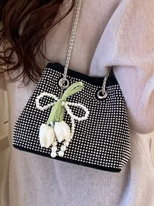 Women Luxury Rhinestone Bucket Bag Niche Design PU Leather Chain Shoulder Crossbody Bag Tulip Pearl Pendant Chic Handbag