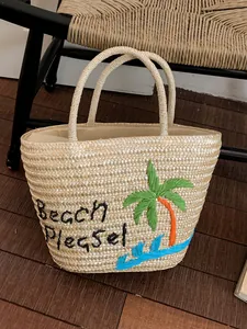 Handgeweven strooien draagtas met palmboom en Beach Please borduurwerk voor strandvakantie