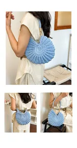 Light blue woven seashell bag shown in lifestyle scenes for summer styling