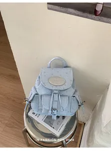 Sweet light blue star print canvas backpack for women college style detail view