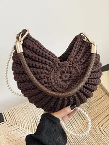 Women Conch Shell Woven Handbag Summer Beach Straw Crossbody Bag With Artificial Pearl Strap Casual Shoulder Bag