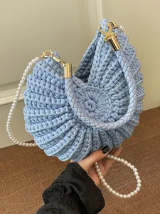 Handmade light blue seashell woven bag with elegant pearl strap for summer women