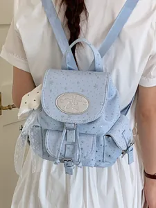 Sweet light blue canvas backpack with silver stars for women trendy school style