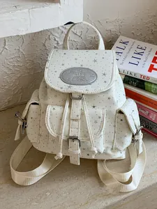 Stylish white star pattern canvas backpack for women with secure drawstring closure
