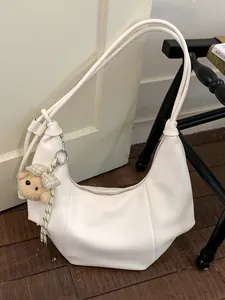 Women Retro Pleated Hobo Bag PU Leather Ruched Underarm Shoulder Bag With Bear Pendant Casual Solid Color Crossbody Purse