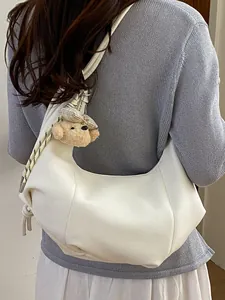Minimalist retro white pleated crossbody hobo bag for women with cute teddy bear charm