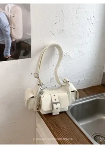 Minimalist cream white retro underarm shoulder bag with multi-pocket buckle design