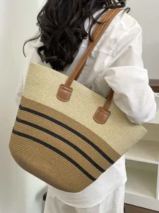 Handmade Straw Woven Tote Bag Women Summer Beach Vacation Striped Shoulder Bag Large Capacity Handbag Casual Shopping Bag