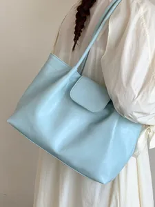 Minimalist large capacity light blue pleated tote bag for women stylish shoulder bag