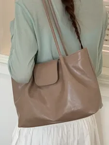 Large minimalist taupe pleated tote bag for women with comfortable shoulder straps