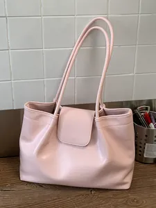 Minimalist light pink pleated tote bag with large capacity and long shoulder straps