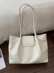 Minimalist white faux leather pleated tote bag with large capacity for women's daily use