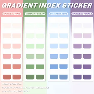 Primer plano de pegatinas de índice degradadas en cuatro colores pastel: rosa, verde y azul