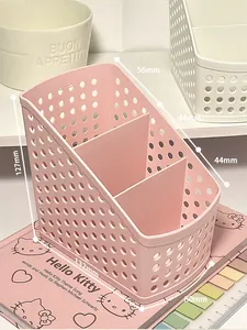 Pink plastic desk organizer with 3 compartments and hollow dot pattern dimensions shown