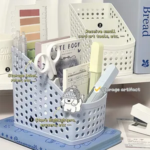 Detailed view of a light blue perforated desk organizer holding various stationery items.