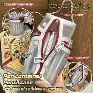 Détail du plumier en maille 2 en 1 montrant sa conversion en porte-stylo vertical